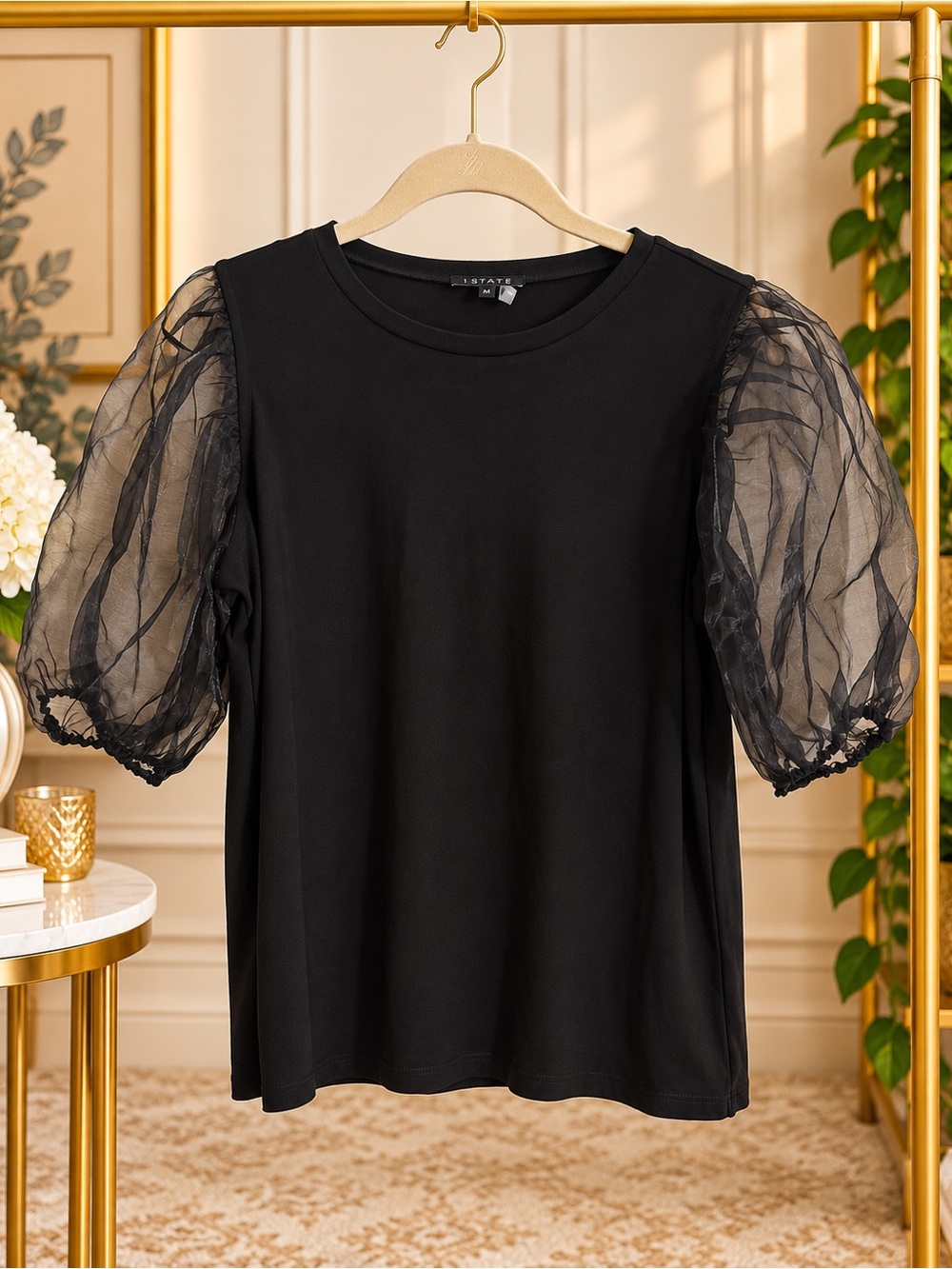 1.STATE Desert Oasis Black Sheer Organza Puff Sleeve Top Size M 8120624